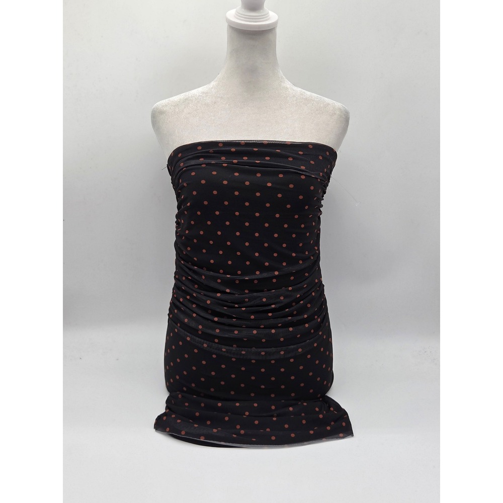 AFRM Women's S Black Brown Polka Dot Ruched Strapless Mesh Dress 101-880